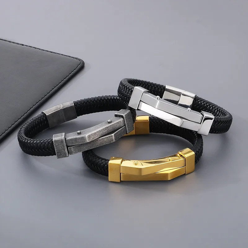 New Stainless Steel Geometric Men's Leather Bracelet Wholesale Personalized Fashion Bracelet
