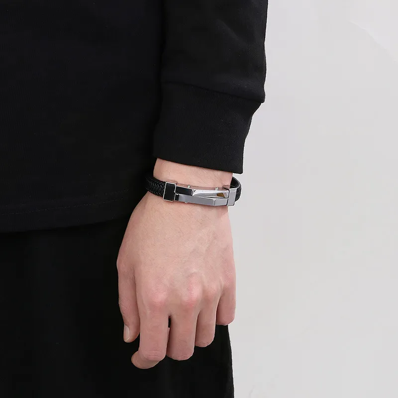 New Stainless Steel Geometric Men's Leather Bracelet Wholesale Personalized Fashion Bracelet