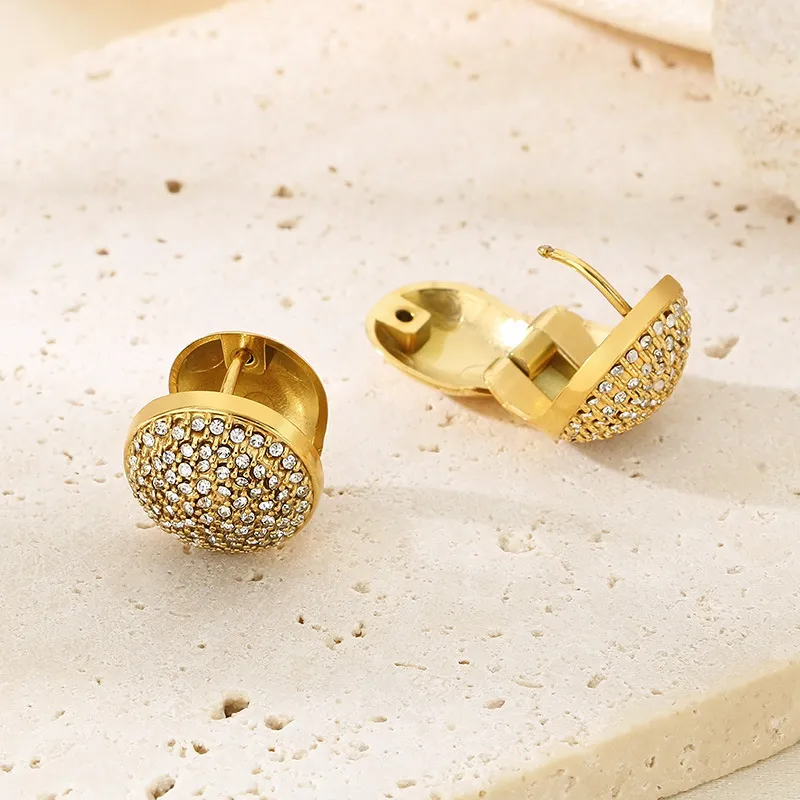 Popular Full Rhinestone Oval Stainless Steel Huggie Earrings Elegant Geometric Jewelry Wholesale