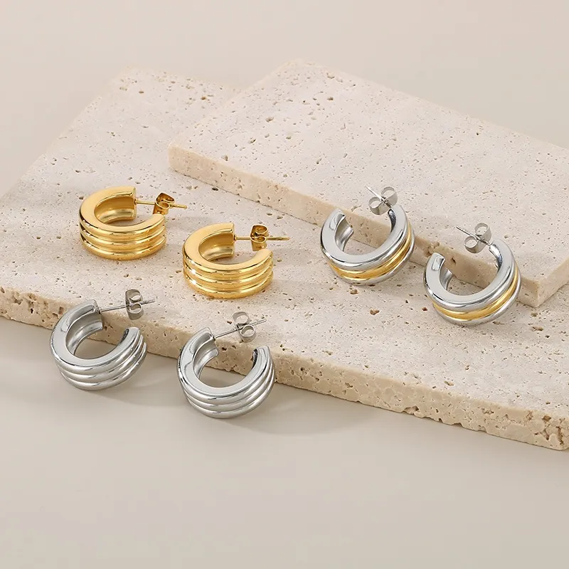 French Fashion Stainless Steel Creative Three Ring C-Shaped Temperament Versatile Girl Earrings