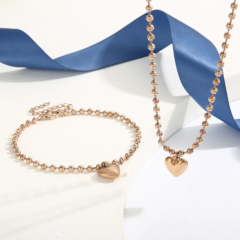 Stainless Steel 3D 18K Gold-Plated Heart-Shaped Bead Necklace and Bracelet Personalized Women's Set
