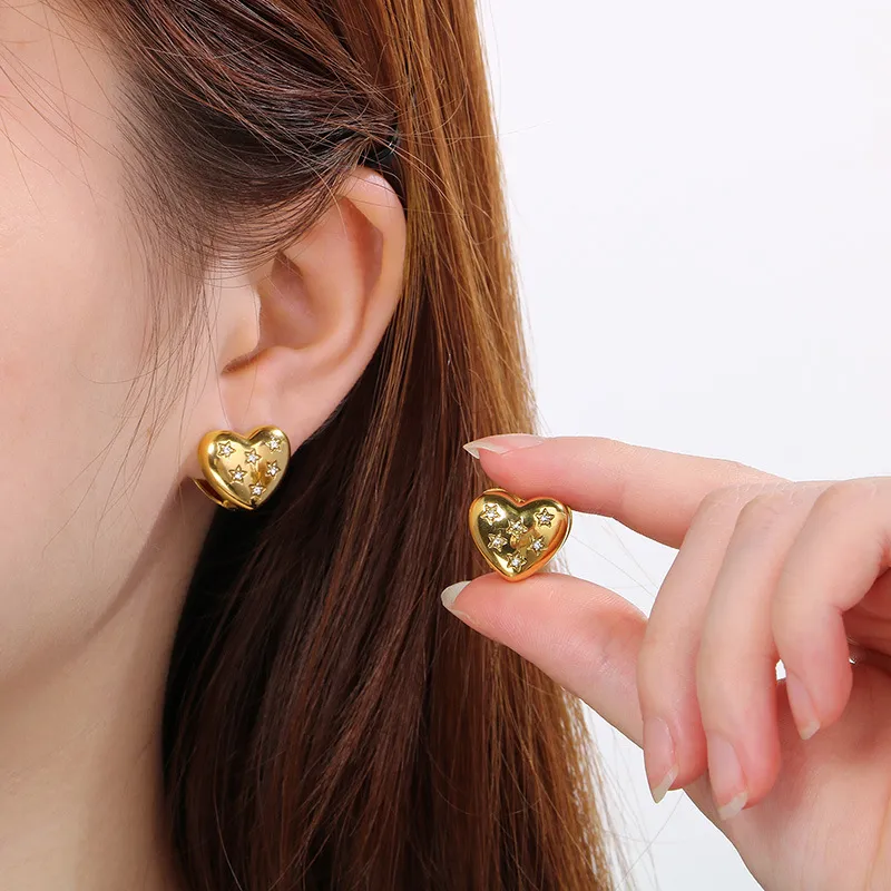 Fashion Double-Sided Heart Rhinestone-Embedded Ear Buckles 18K Gold-Plated Stainless Steel Smooth Earrings