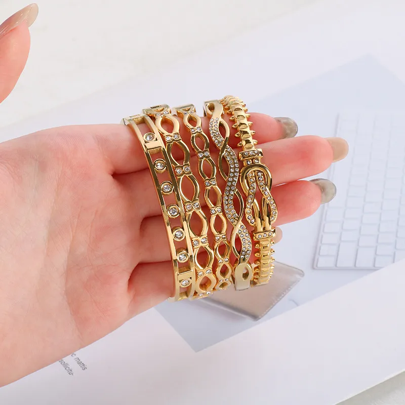 Geometric Hollow Stainless Steel Diamond-Encrusted Women's Bangles