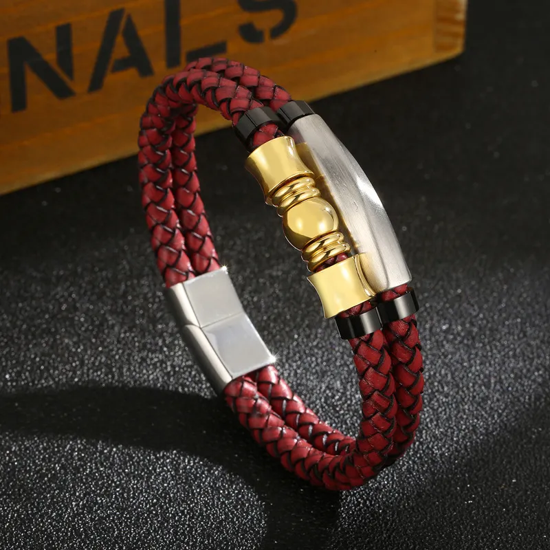 Men's Fashion Stainless Steel Metal Accessories Double-Layer Braided Leather Rope Bracelet