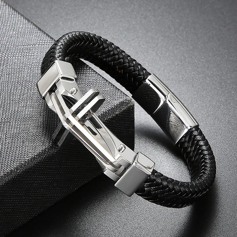 Kalen Fashion Stainless Steel Creative Cross Men's Woven Cowhide Leather Bracelet