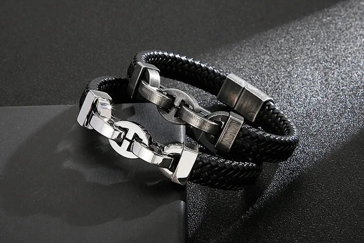 Trendy Men's Jewelry Stainless Steel Geometric Chain Splicing Woven Cowhide Leather Bracelet