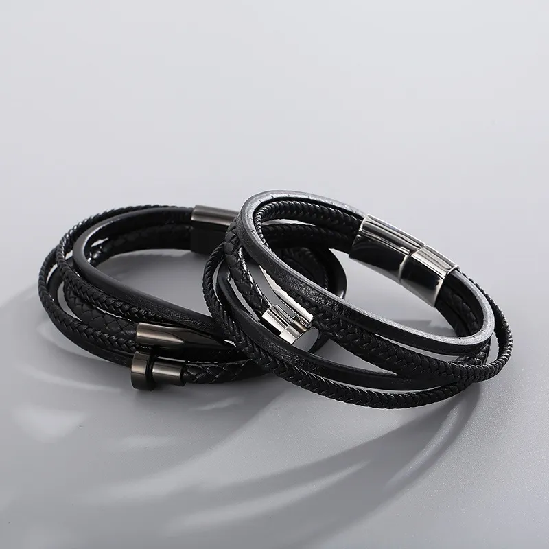 Jewelry Wholesale Stainless Steel Nails Creative Multi-Layer Woven Leather Bracelet