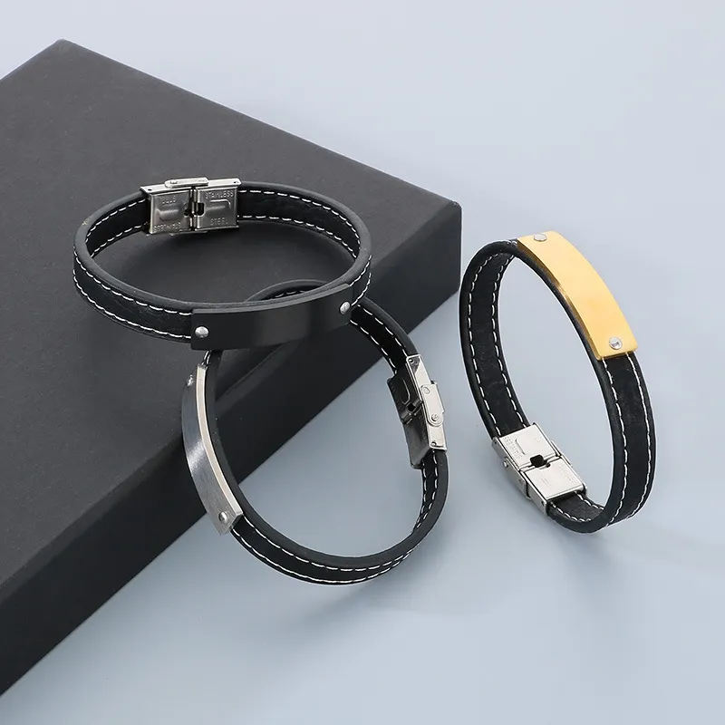 Jewelry Wholesale Men's Trendy Stainless Steel Geometric Curved Plate with Logo Engraved Leather Bracelet