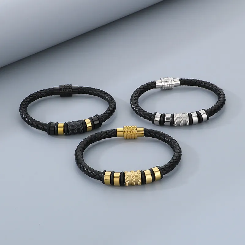 Minimalist and Trendy Stainless Steel Magnetic Buckle Bracelet Woven Leather Bracelet for Men