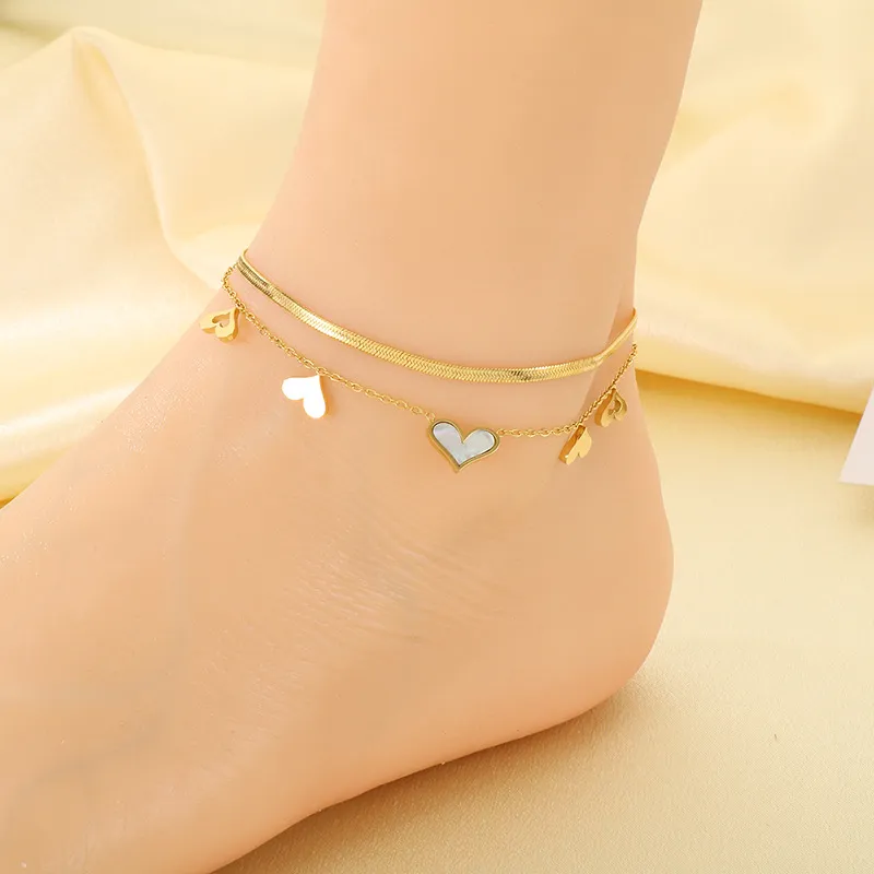 Stainless Steel Paired with Shell Heart-Shaped Element Anklet Chain, Fashionable Women's Jewelry