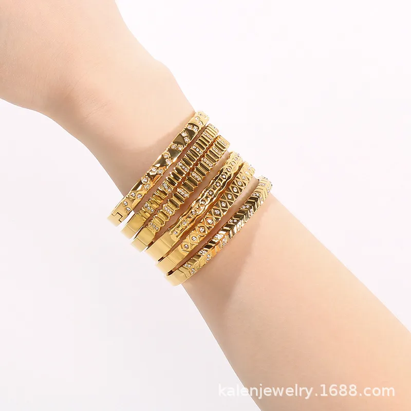 European and American Style Irregular Diamond-Encrusted Stainless Steel Bangles for Women