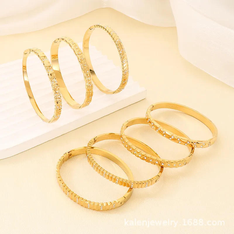 European and American Style Irregular Diamond-Encrusted Stainless Steel Bangles for Women