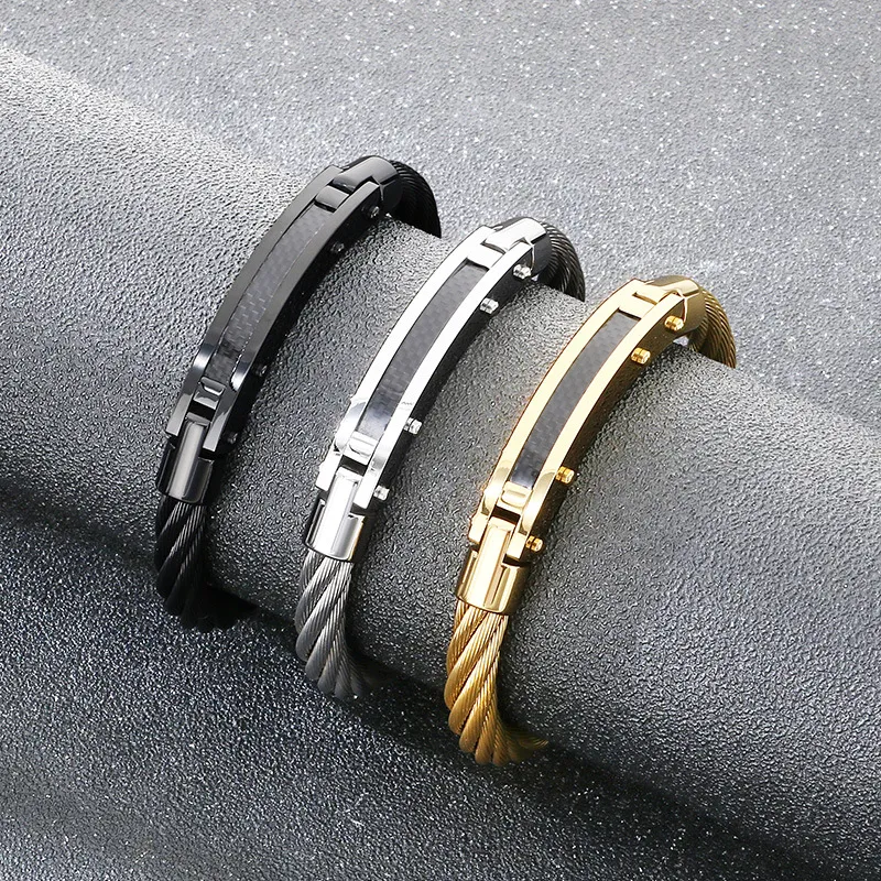Punk Retro Style Stainless Steel Wire Cable Bent Plate Domineering Men's Bangle