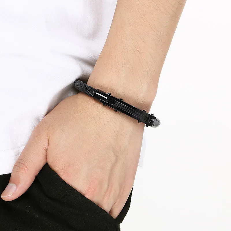 Punk Retro Style Stainless Steel Wire Cable Bent Plate Domineering Men's Bangle