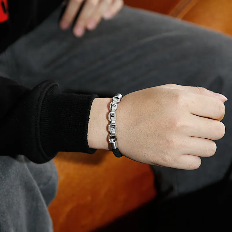 Men's Trendy Stainless Steel Braided Leather Rope Splicing Chain Domineering Leather Bracelet