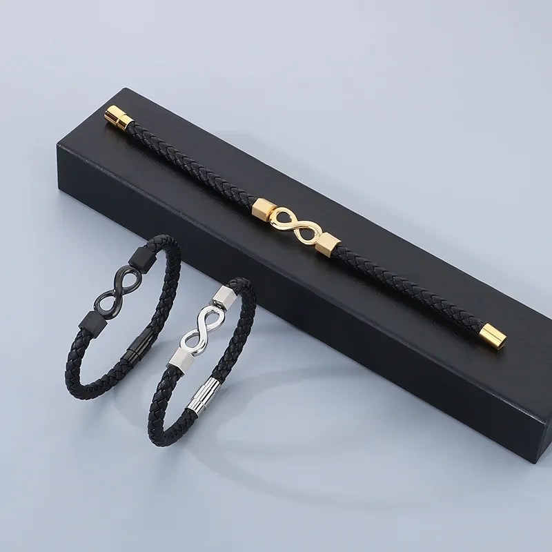 European and American Fashion Stainless Steel Creative 8-Shaped Accessory Men's Woven Leather Rope Bracelet