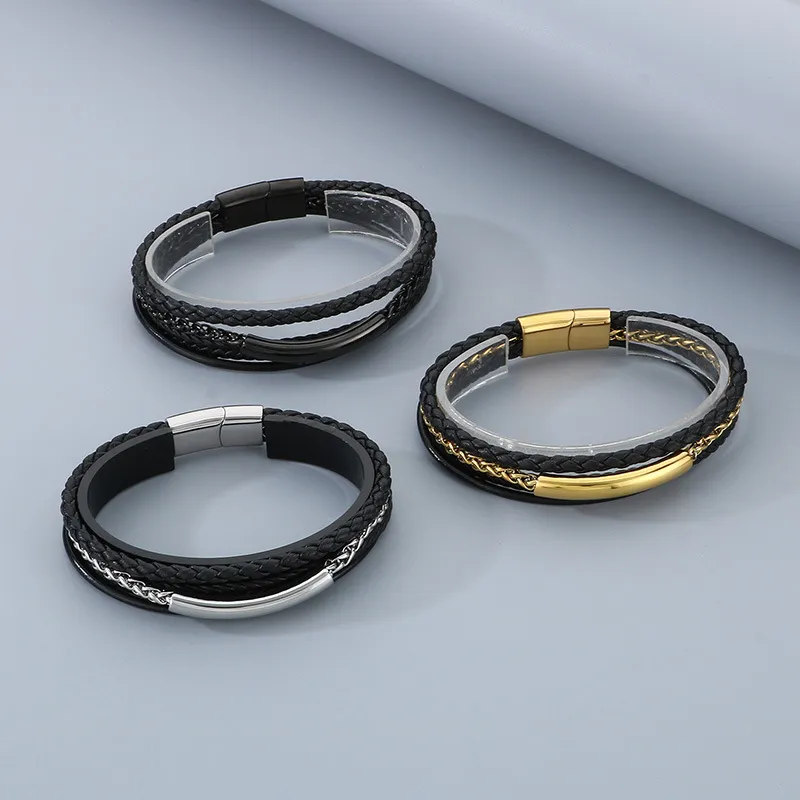 Men's Geometric Personalized Stainless Steel Magnet Buckle Multi Layer Braided Leather Bracelet Jewelry Wholesale