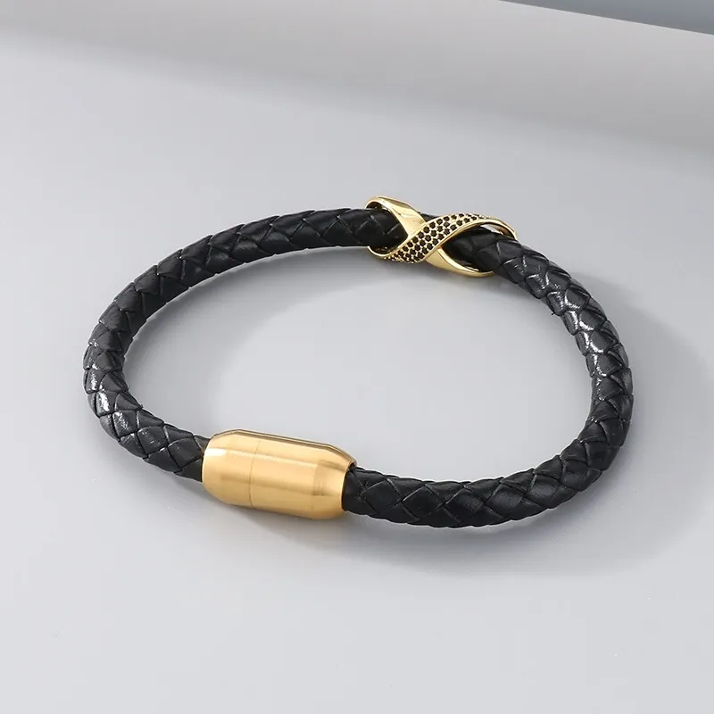Men's Trendy Stainless Steel Magnetic Buckle Creative Diamond Inlaid 8-Shaped Retro Woven Leather Rope Bracelet
