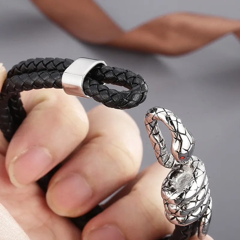 Fashionable Stainless Steel Winding Snake Animal Connection Hand Rope Woven Leather Men's Bracelet
