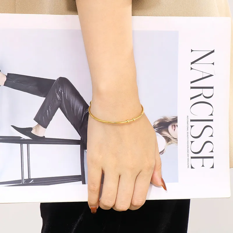 Stainless Steel Open Bangle with Fashionable and Trendy Ins Style Electroplating 18K Gold