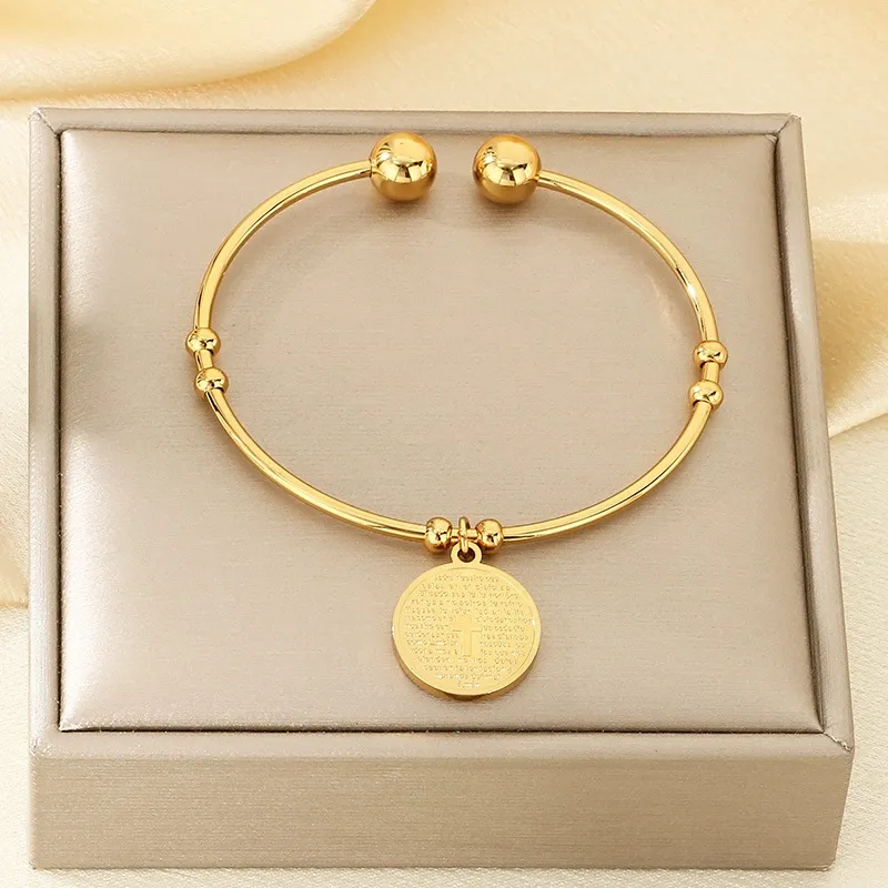 Stylish 18K Gold Round Cross Stainless Steel Openning Bangle Jewelry Wholesale