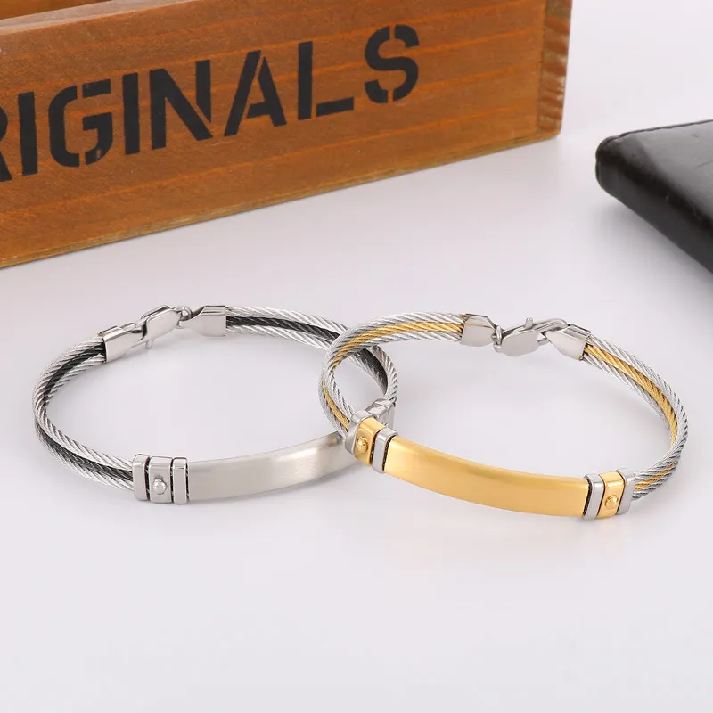 Stainless Steel Braided Three Row Steel Wire Rope Bangle with Curved Plate That Can Be Engraved with Letters