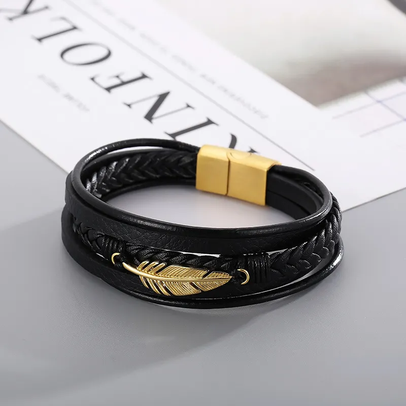 Fashionable Stainless Steel Feather Multi-Layer Woven Leather Men's Bracelet Jewelry