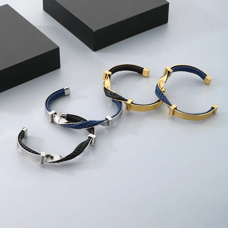 Fashion Stainless Steel Twisted Pattern Diamond Inlaid C-Shaped Open Woven Leather Bracelet Men's Jewelry