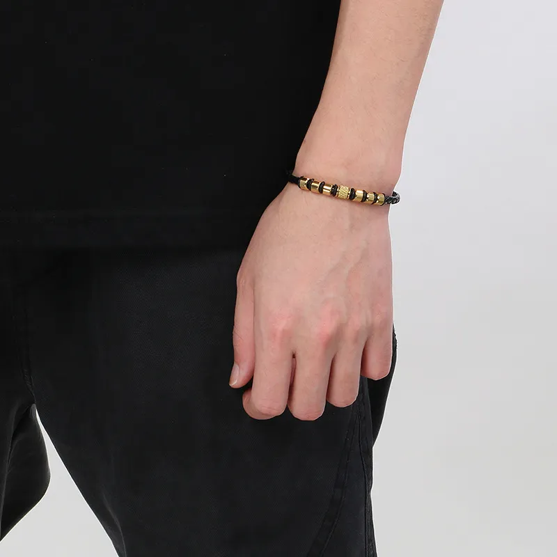 Trendy Men's Stainless Steel Unique Woven Geometric Mesh Leather Bracelet