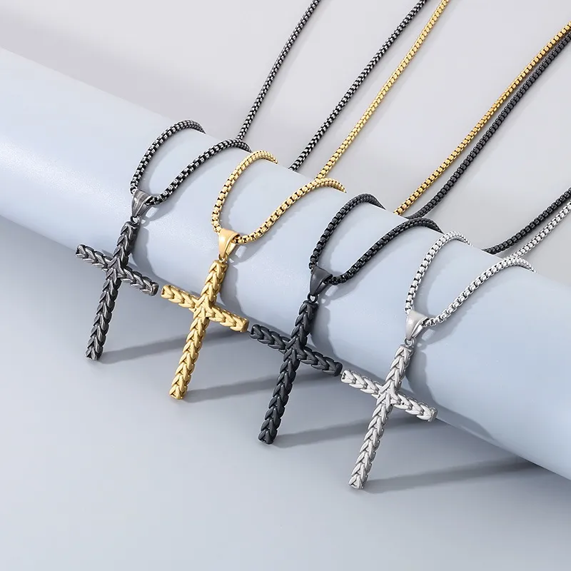 Stainless Steel Jewelry Vintage Wheat Spike Cross Hip-Hop Necklace