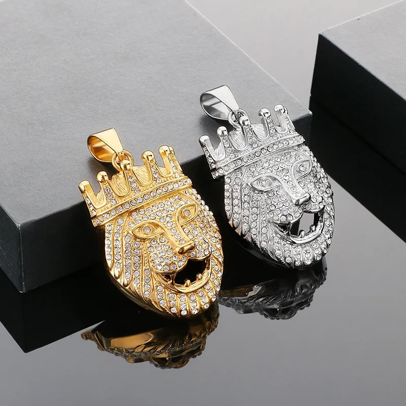 Hip-Hop Full Rhinestones Diamond Crown Lion Head Stainless Steel Men's Pendant