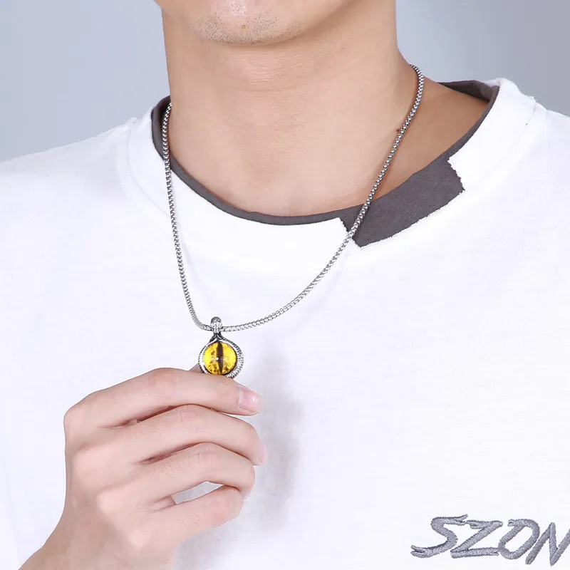 Trendy Cute Blue Yellow Snake Eye Stone Stainless Steel Men's Necklace Pendant