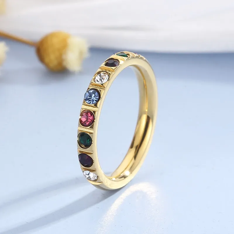 Fashion Colorful Diamond Ring Jewelry Gold Plated Titanium Steel Ring