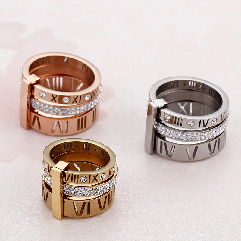 Elegant and Fashionable Stainless Steel Rhinestone Roman Numeral Jewelry Women's Ring