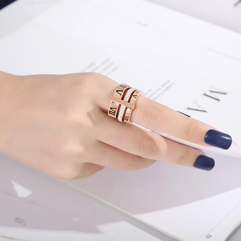 Personality Multi-Ring Square Ring Fashion Diamond-Embedded Roman Numeral Stainless Steel Ring Wholesale