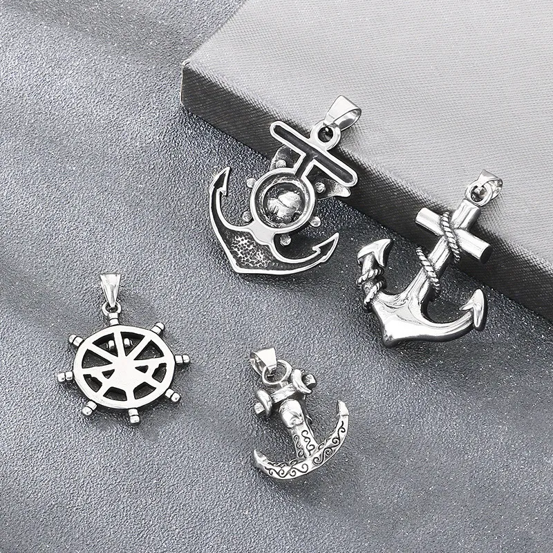 Dark Retro Navigation Rudder Pendant Punk Retro Cross Skull Anchor Stainless Steel Men's Pendant
