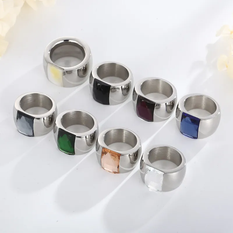 Fashionable Trendy Ladies Stainless Steel Multi-Color Personalized Glass Wide Ring Jewelry
