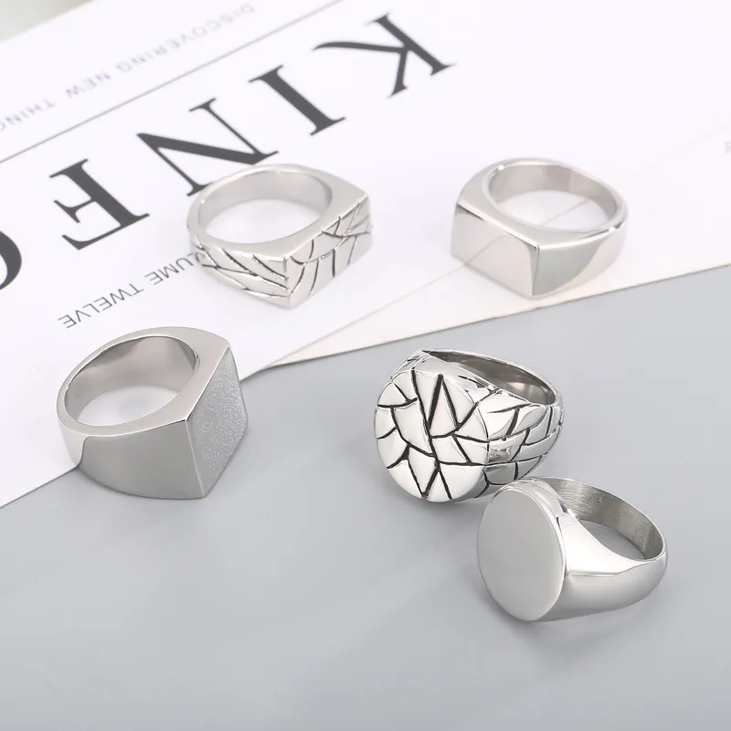 Geometric Surface Rectangular Laser Logo Black Cast Classic Stainless Steel Ring
