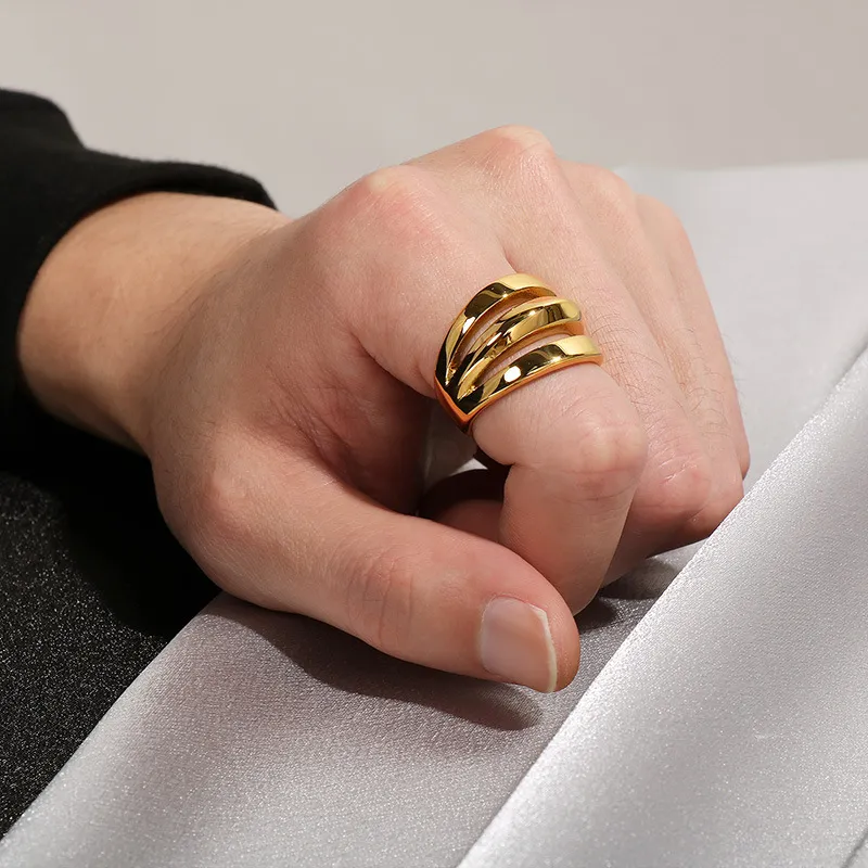 Stainless Steel Geometric Lines Personalized Three-Layer Ins Style Men's Atmospheric Ring