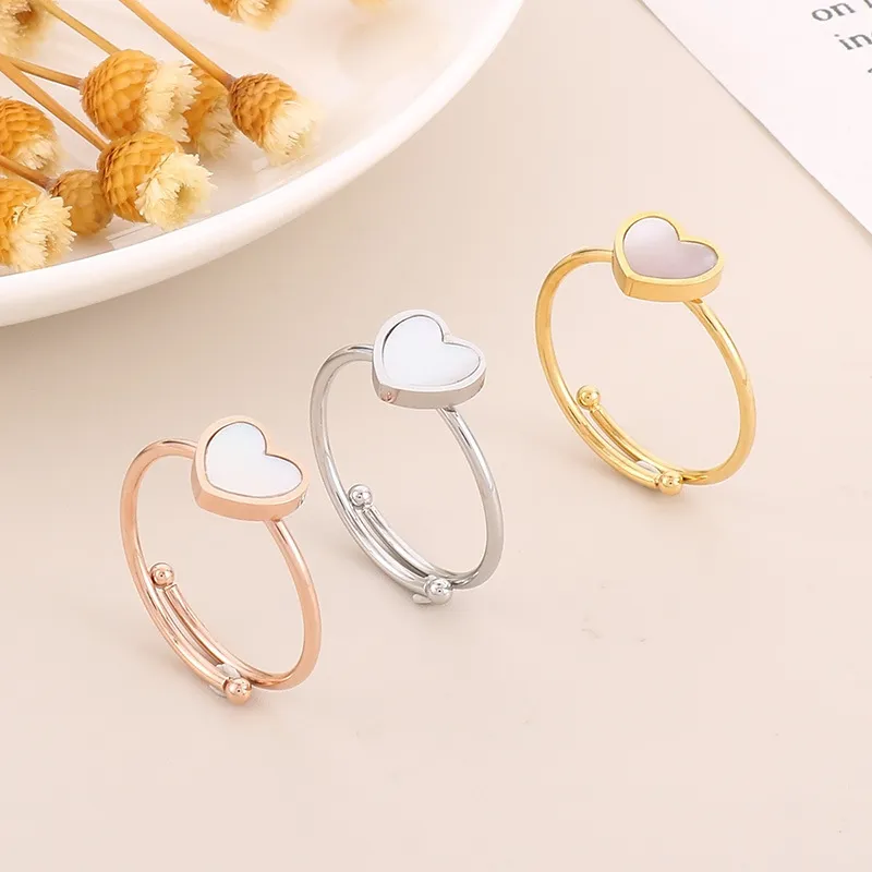 Fashion 18K Gold-Plated Stainless Steel Open Heart Ring Minimalist Adjustable White Shell Rings