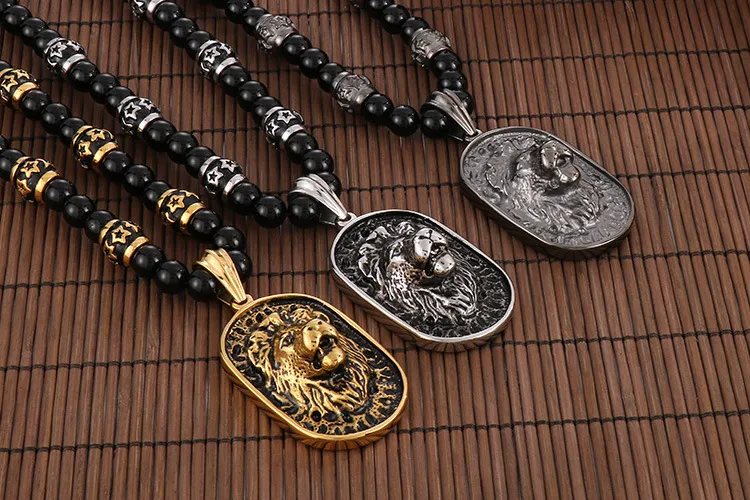 Stainless Steel Lion Head Pendant, Ethnic Style Buddhist Bead Bead Bead, Men's and Women's Long Necklace, Sweater Chain