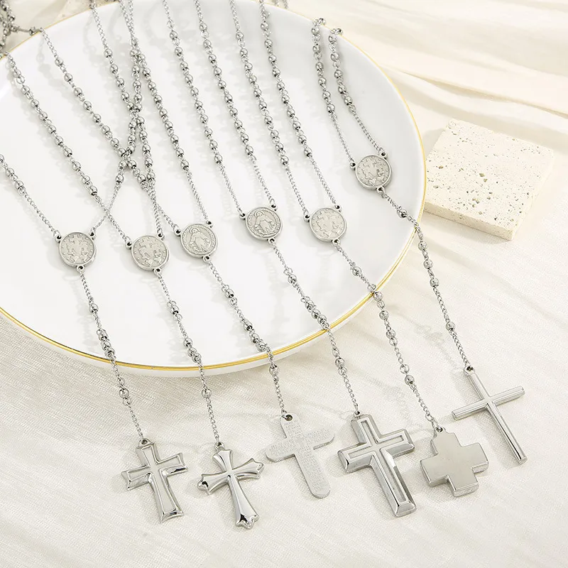 Stainless Steel Niche Design Cross Retro Beaded Necklace Clavicle Chain for Women