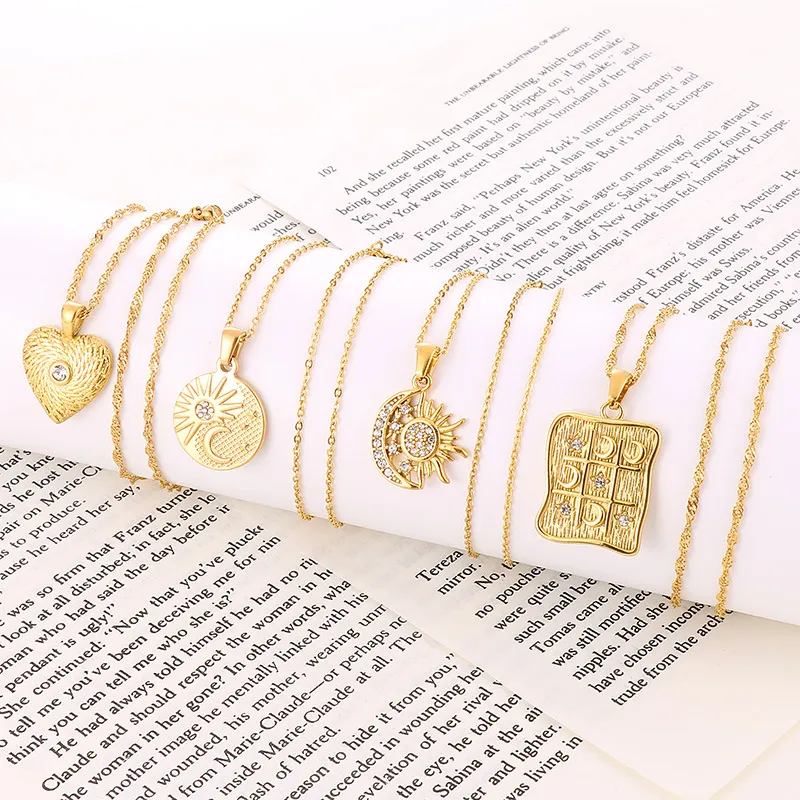 Irregular Pattern Square Necklace with Stars, Moon, Sun, and Entertainment Pendant Inlaid with Zircon Stainless Steel Necklace