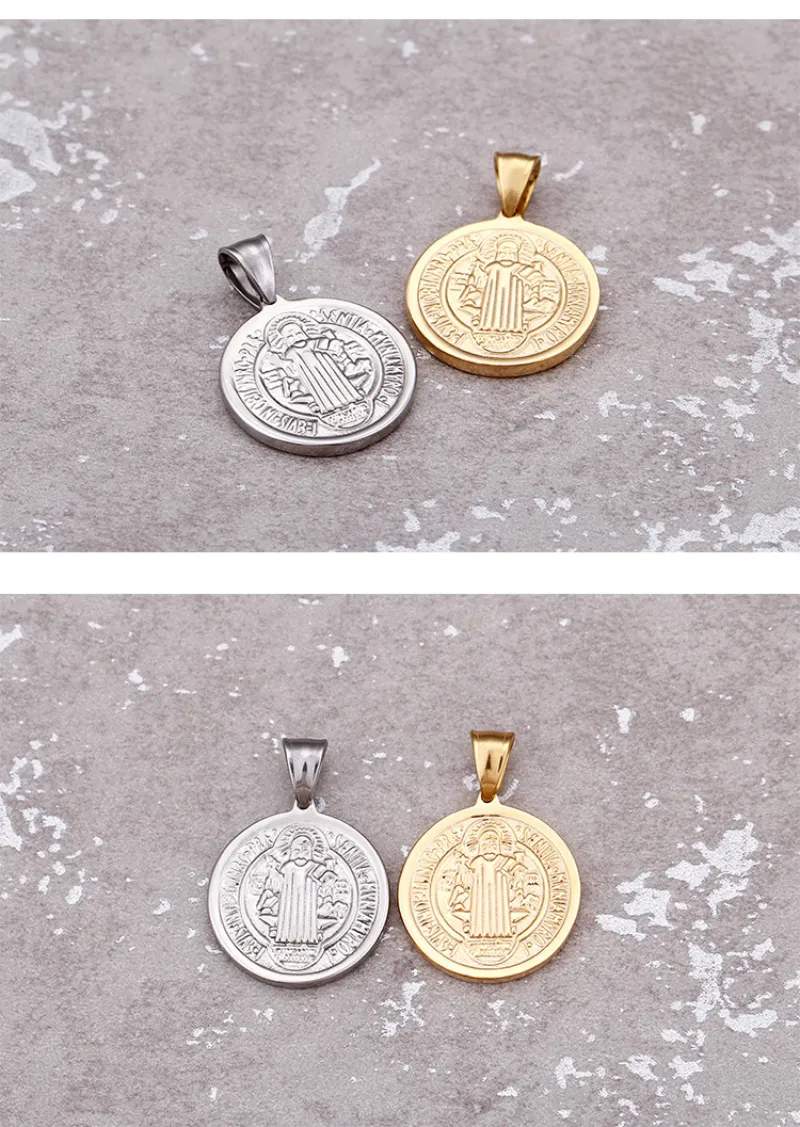 Komi Saint Benedict Christian Stainless Steel Disc Necklace Priest Exorcist Pendant