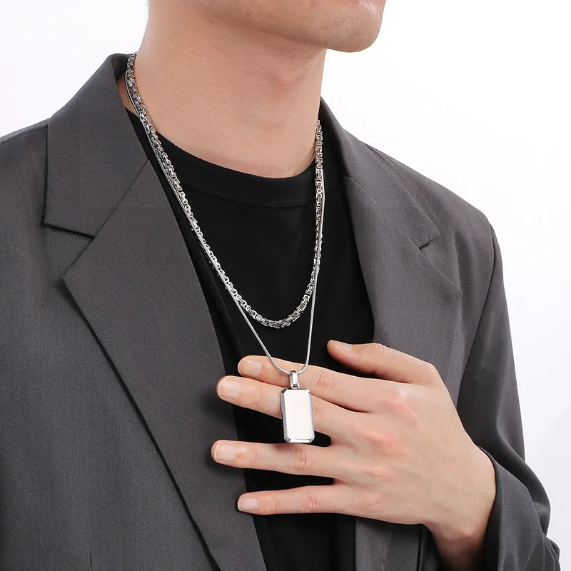 Trendy and Cool Emperor Chain Square Brand Necklace for Men, Double Layered Stainless Steel Military Brand Pendant Supporting Engraving