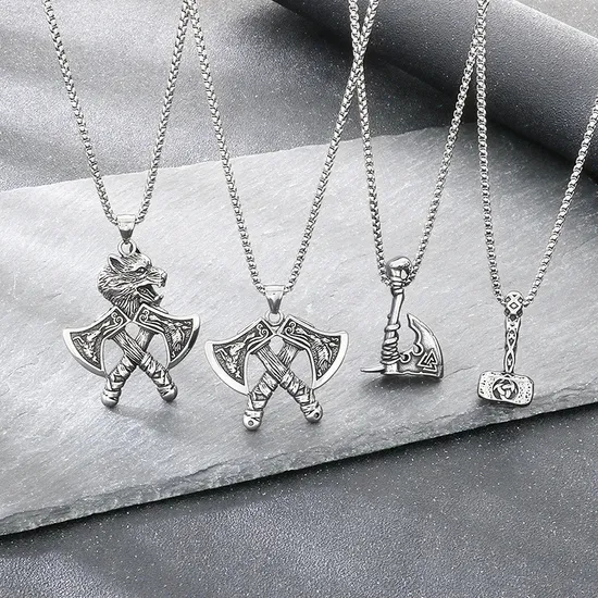 Nordic Viking Wolf Head Battle Axe Pendant Exaggerated and Powerful Retro Celtic Knot Battle Hammer Stainless Steel Men's Accessory