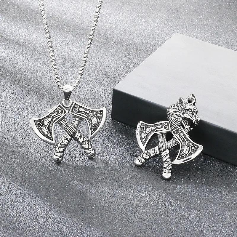Nordic Viking Wolf Head Battle Axe Pendant Exaggerated and Powerful Retro Celtic Knot Battle Hammer Stainless Steel Men's Accessory