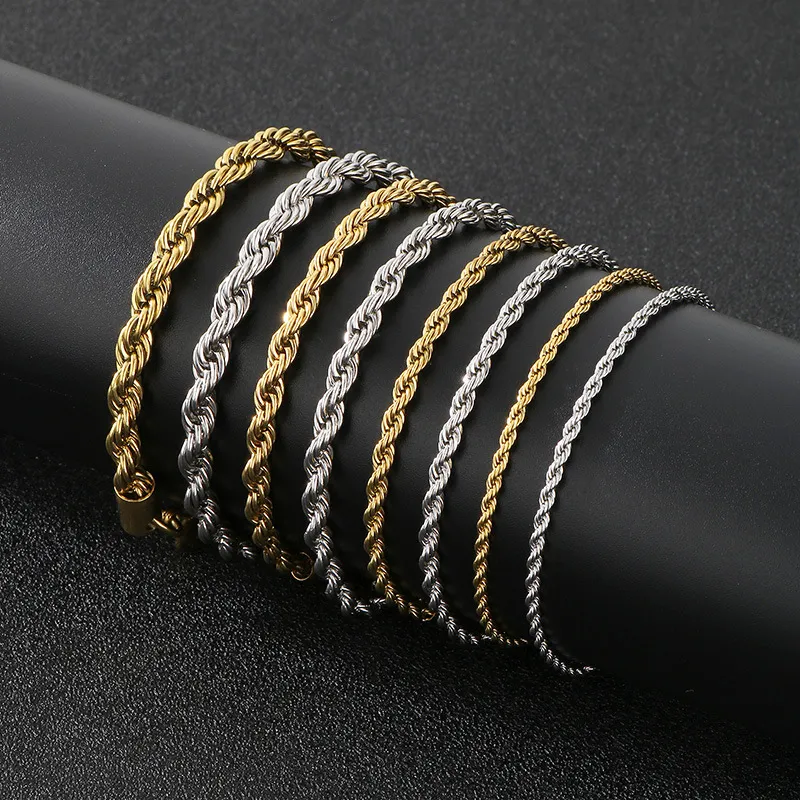 Cross-Border Versatile Vegetarian Bracelet, European and American Popular Hip-Hop Adjustable Fried Dough Twists Chain Stainless Steel Necklace