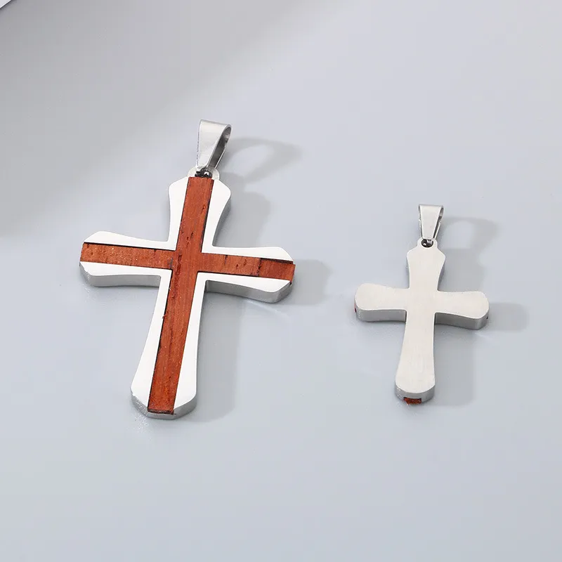 Fashion Personalized Stainless Steel Inlaid Red Pear Solid Wood Cross Pendant