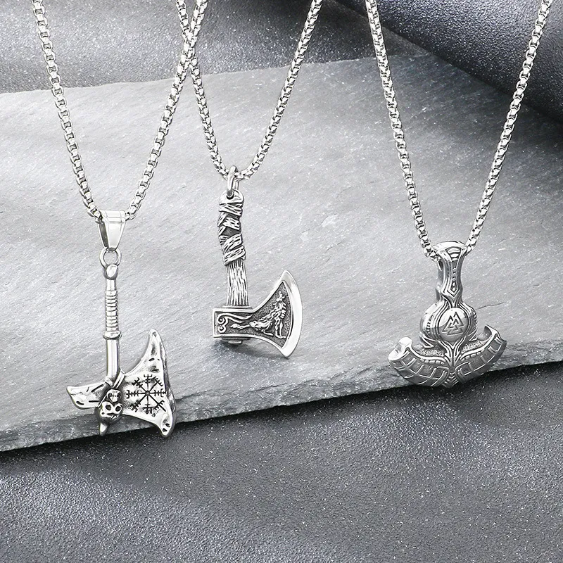 Vintage Personalized Thor's Hammer Accessories Nordic Viking Guide Rune Skull Axe Stainless Steel Men's Pendant